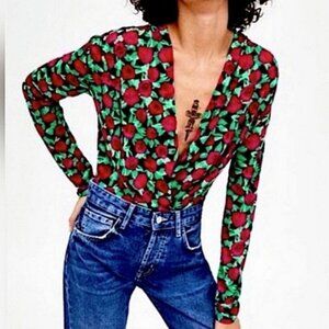 Zara Floral Vneck Bodysuit Top Long Sleeve Plunging Wrap Rose Print Size Medium